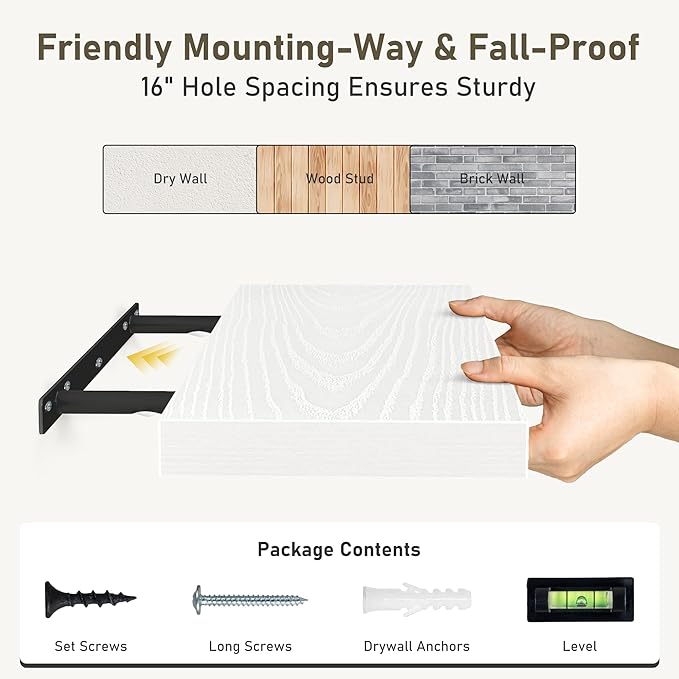 White Floating Shelves Wall Shelf 48 Inch, 8 Inch Deep Floating Shelf for Wall, Farmhouse Black Wood Shelves Invisible Bracket for Living Room, Bedroom, Kitchen, 48 x 9.3 x 1.4 Inch, Set of 2