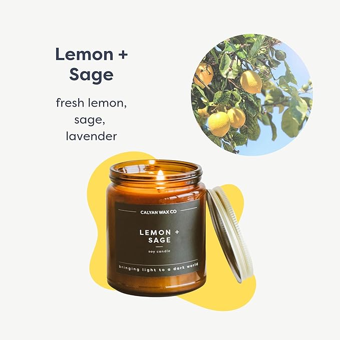 Calyan Wax Co. Lemon & Sage Scented Candle - 57 Hour Burn - Luxury Non Toxic Soy Wax Candles - Long Lasting Amber Glass Jar Candle for Home - 7.2oz