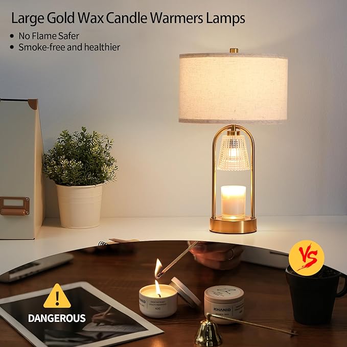 Plug in Gold Candle Warmer Lamp with Timer Dimmable, Wax Melts Candle Warmer with Beige Fabric Shade Lamp, Gold Table Lamp for Bedroom,Mothers, Gifts,Scented Jar, Include 3 Bulb