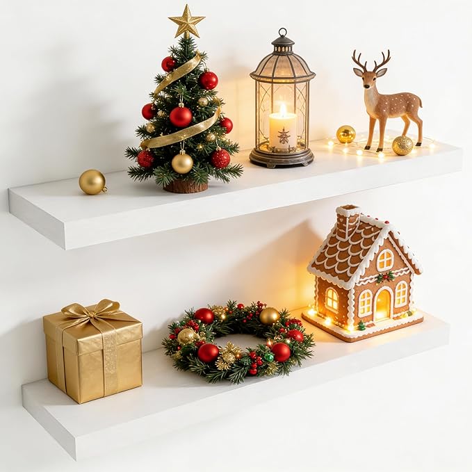 36 Inch Floating Shelves for Wall, 8 Inch Deep Floating Shelf for Storage & Display, Rustic Wall Mounted Shelf with Invisible Brackets for Living Room, Kitchen, Bathroom, Home Decor, Set of 2, White