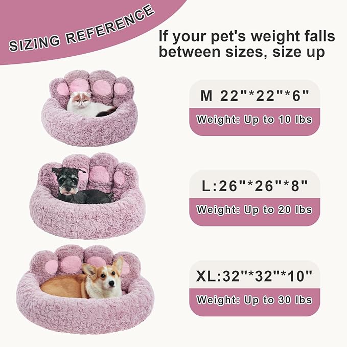 Jiupety Paw Shape Calming Pet Bed, Plush Faux Fur Donut Bed for Dogs & Cats, Machine Washable, Non-Slip Bottom, Medium (22"×22"×6"), Purple