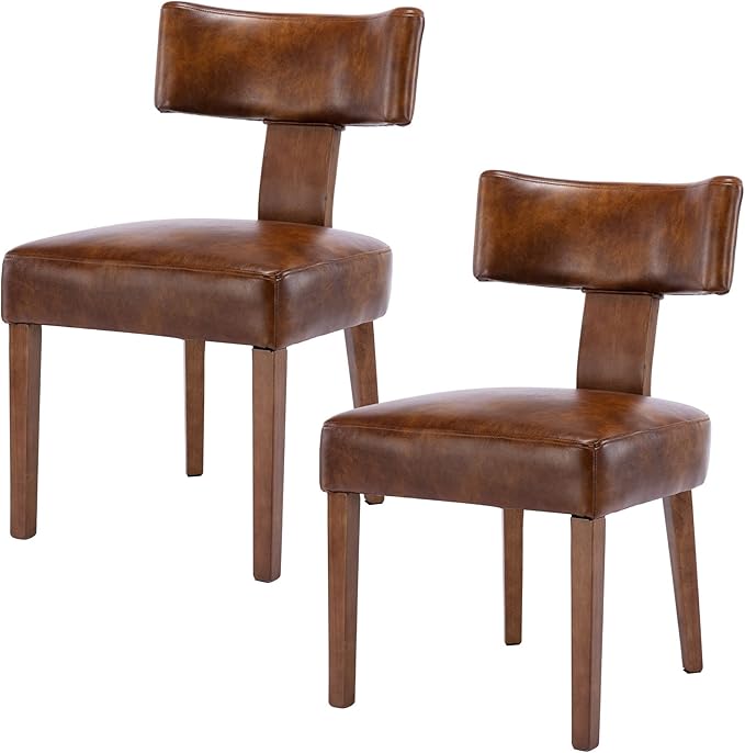 Mid Century Modern Dining Chairs Set of 2 PU Leather Upholstered Side Chairs, Modern Kitchen Armless Parson Chairs Solid Wood Dining Chairs, Brown