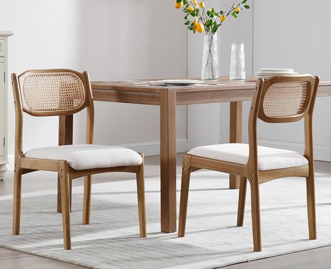 EALSON Farmhouse Rattan Dining Chairs Set of 2 Modern Mid Century Wood Dining Room Chairs with Cane Back Upholstered Linen Kitchen Side Chairs for Living Dining Room,Beige