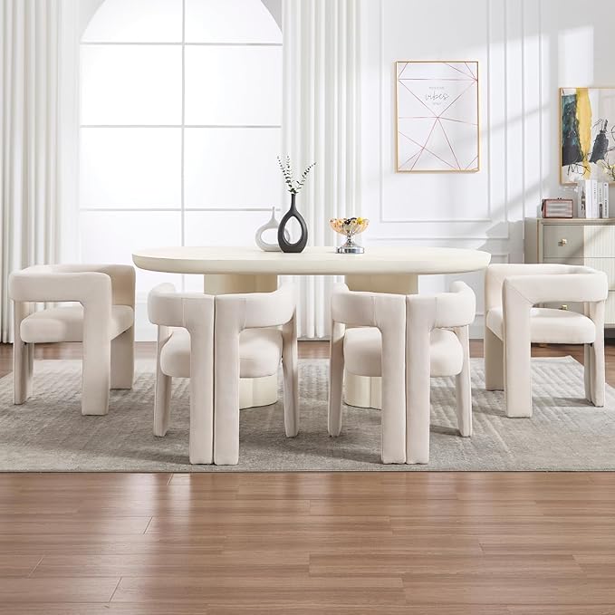 Modern Dining Chairs Set of 6, Upholstered Side Chairs Linen Fabric Guest Chairs with Barrel Backrest Armchair for Dining Room Living Room, Beige