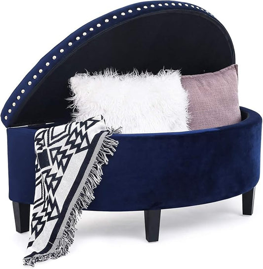 Homebeez 43.5" Half Moon Storage Ottoman Bench, Lift Top Velvet Storage Ottoman Bench for Bedroom Living Room (Navy Blue)