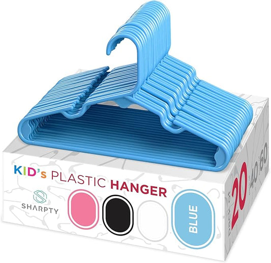Sharpty Kids Plastic Hangers, Children's Hangers for Baby, Toddler, and Child Clothes - Everyday Standard Use - Ideal for Boys and Girls Closet, Clothing, Pants, Coats, and More - Blue, 20 Pack