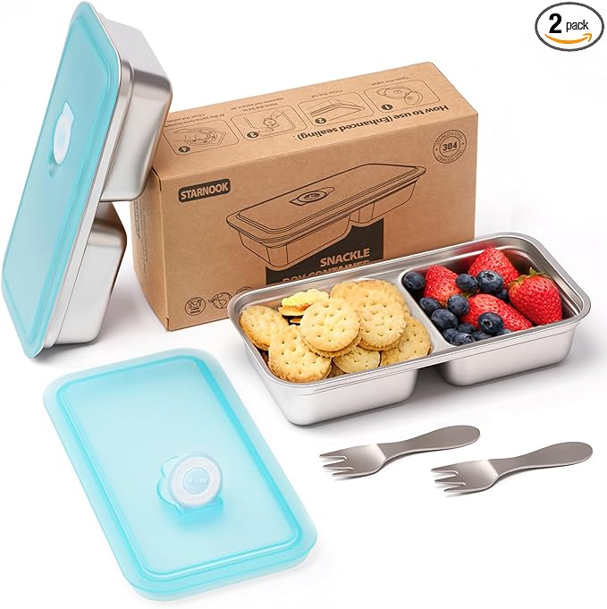 Stainless Steel Snack Containers,Food Storage,2 Compartment,Condiment Containers with Lids,Snack Containers 2 PCS