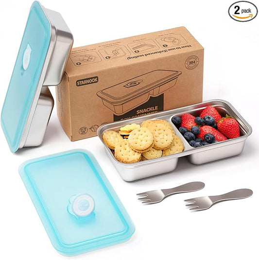 Stainless Steel Snack Containers,Food Storage,2 Compartment,Condiment Containers with Lids,Snack Containers 2 PCS