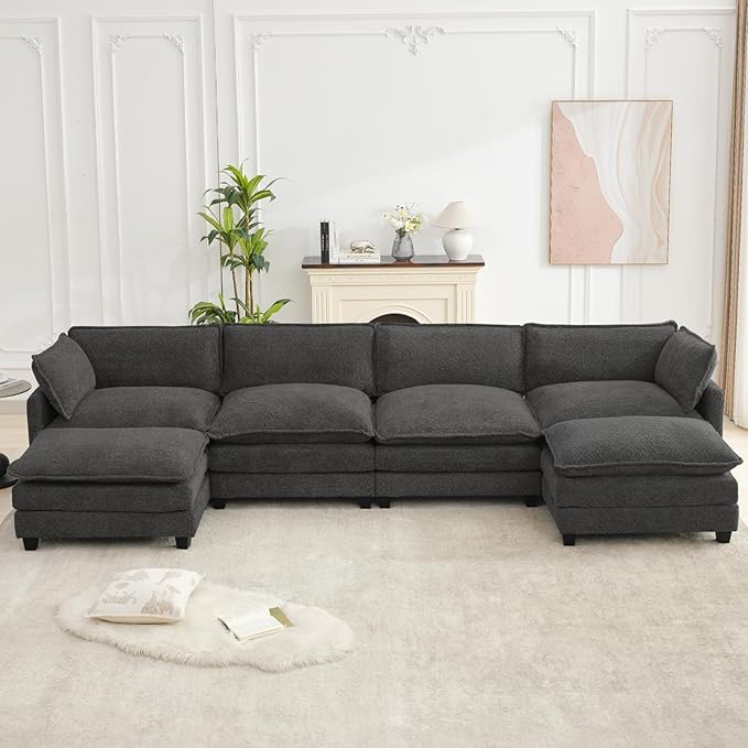 ROWHY Oversized Modular Sectional Couch with 2 Movable Ottoman, 148" Modern Convertible U Shaped Sofa Set, 4 Seat Comfy Cloud Couch with 2 Throw Pillows, for Living Room, Chenille, Charcoal Grey
