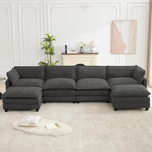 ROWHY Oversized Modular Sectional Couch with 2 Movable Ottoman, 148" Modern Convertible U Shaped Sofa Set, 4 Seat Comfy Cloud Couch with 2 Throw Pillows, for Living Room, Chenille, Charcoal Grey