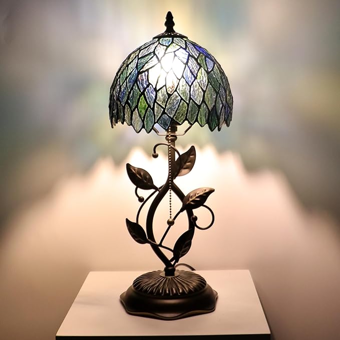 Small Tiffany Lamp Multicolor Leafage Style Stained Glass Table Lamps Desk Bedside Reading Light 8X8X18 Inches with Bronze Metal Leaf Resin Base