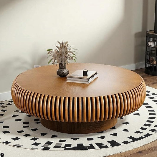 Round Fluted Coffee Table Modern Handcraft Drum Coffee Table with Sturdy Pedestal 31.5" Farmhouse Center Table Tea Table for Living Room, Reception Room, Entertainment Room (Brown 39.37inch)