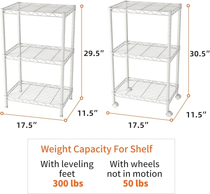 SINGAYE 3 Small Shelves Storage Shelf Wire Shelving Unit Metal Shelf Adjustable Organizers Storage Shelving with Wheels for Bathroom Laundry Room Kitchen Pantry