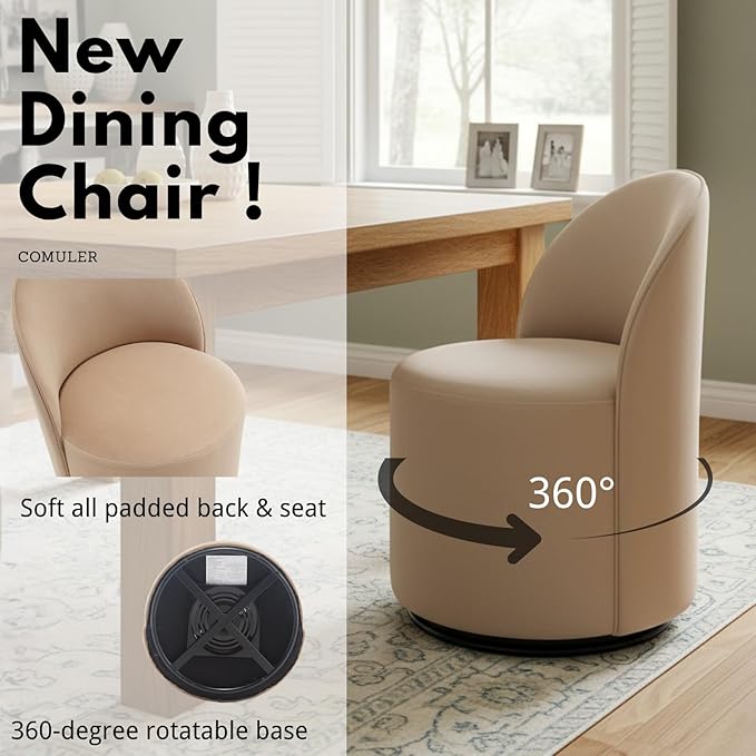 Modern Barrel Chair Swivel Base Khaki Accent Chair 360°Rotating Vanity Chair Mid-Century Dining Side Chair Kitchen Chair for Living Room, Bedroom, Home, Office, Kitchen