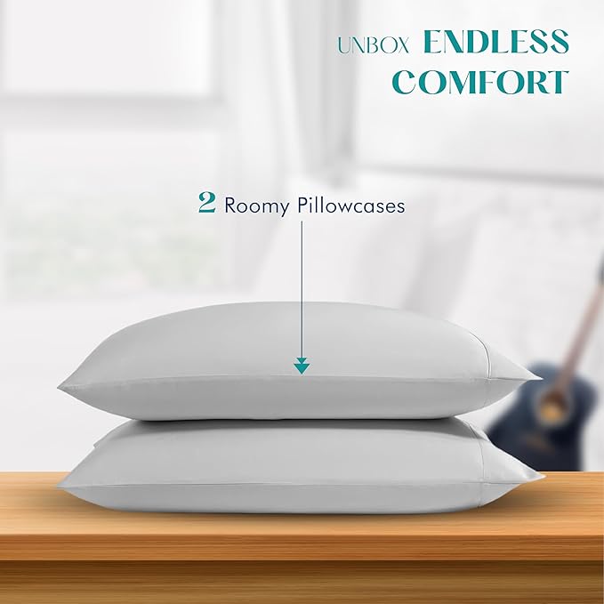 XOOX Linen 100% Egyptian Cotton Pillow Cases Standard/Queen Size Set of 2 - Luxury 1200 Thread Count Sateen Light Grey Pillow Cases, Silky Soft Cooling Pillowcases Fits Standard & Queen Size Pillows