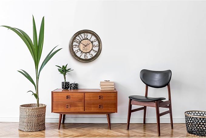 Bernhard Products Large Wall Clock 16 Inch Non Ticking Battery Operated Brown Rustic Farmhouse Vintage Design Stylish Decorative Clocks for Home/Office/Kitchen/Living Room/Bedroom