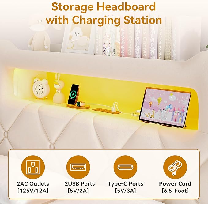 Full Upholstered LED Bed Frame with 2 Storage Drawers and 2-Tier Storage Headboard, Velvet Princess Platform Bed with Charging Station & Bookcase,Heavy Duty Metal Support,No Box Spring Needed,Beige
