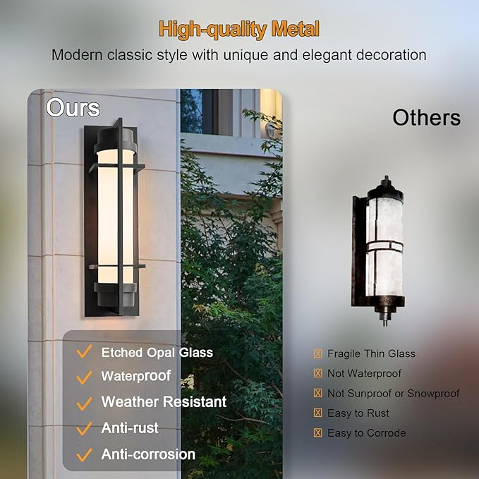 ALVIME Outdoor Wall Sconce, 15 inch Matte Black Exterior Lighting Fixtures, Waterproof Modern Outdoor Wall Light, Outside Sconce Lights for House, Entryway, Patio, Garage, E26 Base&Etched Opal Glass