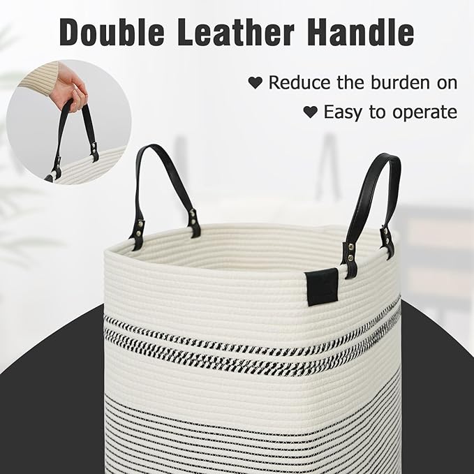 danpinera 100L Nursery Hamper, Tall Woven Laundry Basket with Long Leather Handles, Boho Laundry Hamper for Living Room & Bedroom, Eco-friendly & Convenient Decorative Storage Basket, White & Black