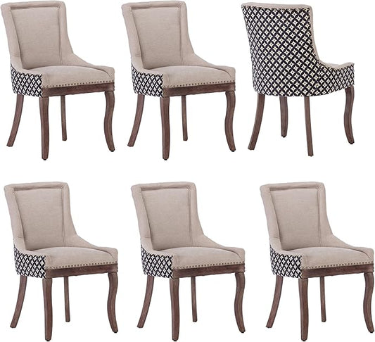 Farmhouse Dining Chairs Set of 6, Upholstered Fabric Dining Room Accent Chairs with Wood Legs & Bronze Nailhead, High Wingback Kitchen Chairs for Living Room Hotel Apartment, Beige Patterned