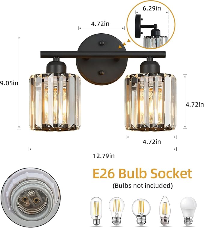Modern 2 Light Crystal Vanity Light, Black Vertical Bathroom Light Fixture Over Mirror for Dressing Table Sink, Compatible with Dimmable Bulbs (Bulbs Not Included)