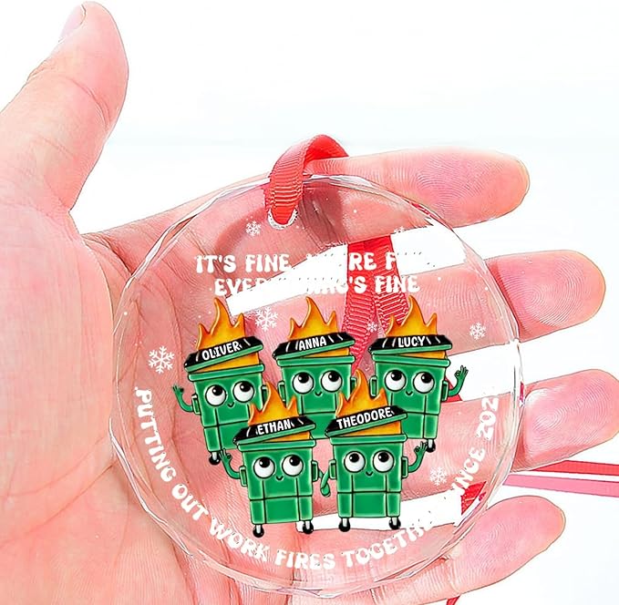 NAZENTI Personalized Fire Response Team Glass Ornament, Custom Flaming Dumpster Holiday Piece, Coworker Christmas Tree Hanging Decoration