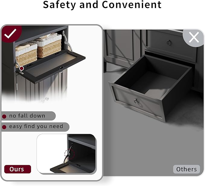 ChooChoo Freestanding Bathroom Cabinet with Flip Glass Drawer, 2 Doors, Adjustable Shelf, Open Storage for Bathroom, Living Room, Hallway, Black