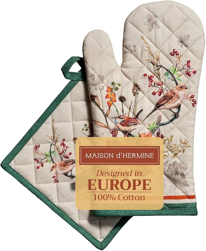 Maison d' Hermine 100% Cotton Oven Mitt & Pot Holder Set (7.5"x13" & 8"x8") Heat Resistant BBQ Cooking Gloves with Loop for Thanksgiving Christmas Decorations Handling Hot Pans (Recolte)