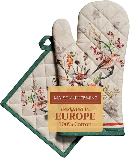 Maison d' Hermine 100% Cotton Oven Mitt & Pot Holder Set (7.5"x13" & 8"x8") Heat Resistant BBQ Cooking Gloves with Loop for Thanksgiving Christmas Decorations Handling Hot Pans (Recolte)