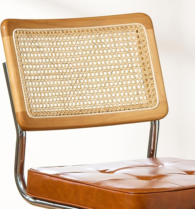 Brown Faux Leather Rattan Dining Chairs Set of 4, Wooden Mid Century Modern Dining Room Chairs, Mesh Back Cane Kitchen Chair, Cesca Design Chairs with Metal Chrome Legs