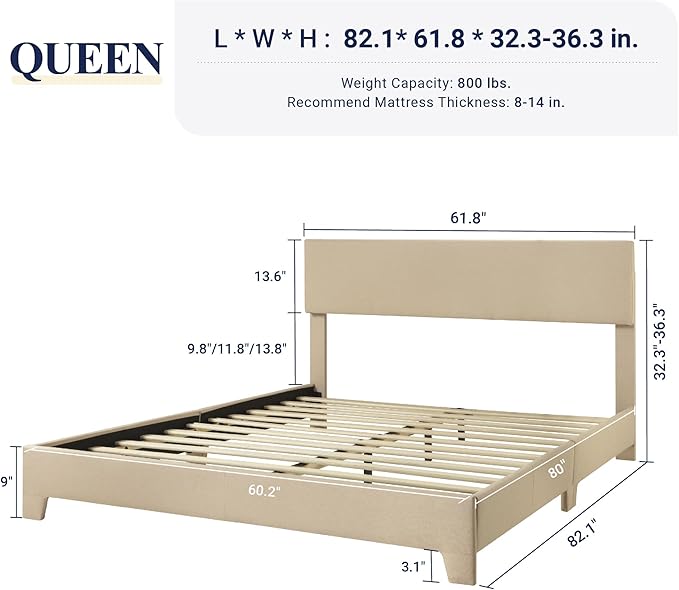 Allewie Queen Size Bed Frame with Adjustable Headboard, Upholstered Platform Bed with Wood Slats, Heavy Duty Mattress Foundation, No Box Spring Needed, Noise-Free, Easy Assembly, Beige
