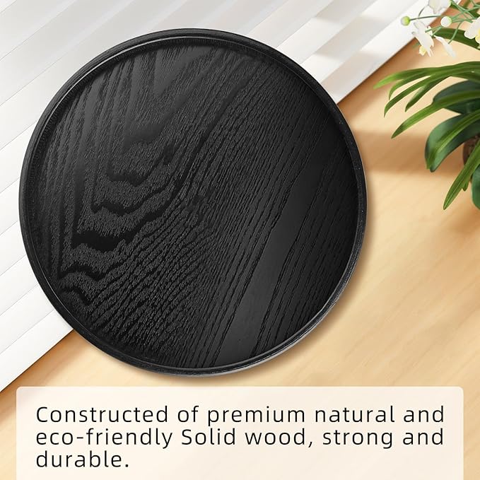 Round Solid Wood Serving Tray 30CM Black,Decorative Wooden Serving Plate for Tea Coffee Snack Food Meals,Ottoman Breakfast Tray with Raised Edge,for Home,Kitchen,Bathroom,Party,Restaurant Decor(11.8")