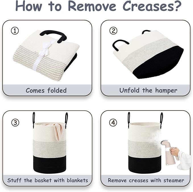 VIPOSCO Large Laundry Hamper, Tall Woven Rope Storage Basket for Blanket, Toys, Dirty Clothes in Living Room, Bathroom, Bedroom - 100L White & Black