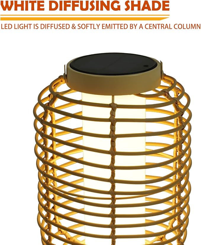 Solar Yard Outdoor Austin Solar Powered Floor Lamp Set of 2, 14-inch Wicker Woven LED Lamp, Water-Resistant Garden Light, Boho Style, Decor for Balcony, Porch, Yard, Pathway, Natural Color