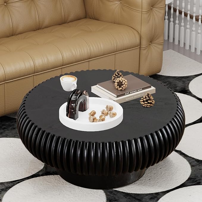 Black Round Coffee Table for Living Room Round Fluted Drum Coffee Table Modern Fluted Coffee Tables for Living Room (Black, 31.4 inch)