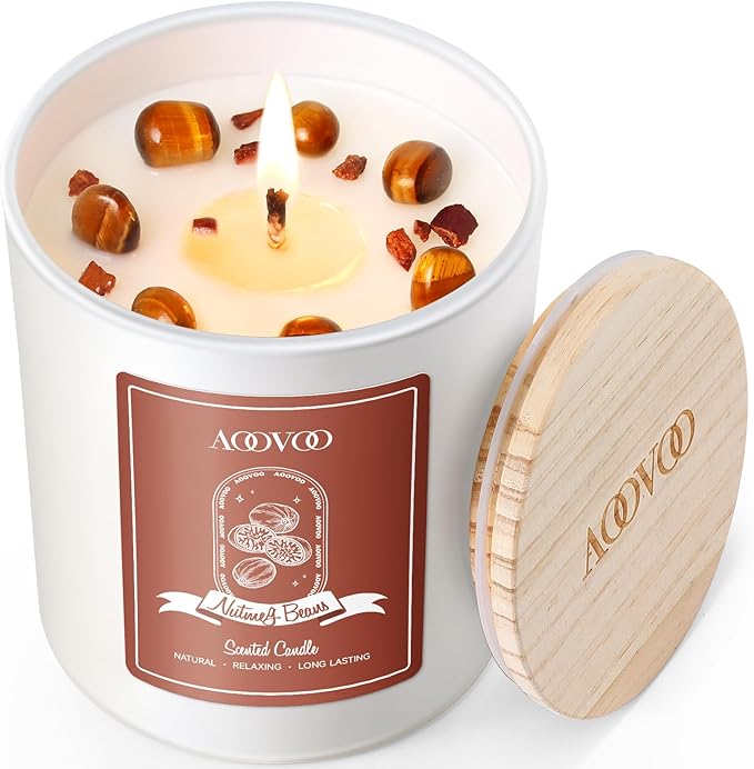AOOVOO Nutmeg Beans Scented Candles for Women - Aromatherapy Candle with Crystals Inside, 10oz Soy Candles for Home Scented, Birthday Gifts Christmas Candle for Women Mom