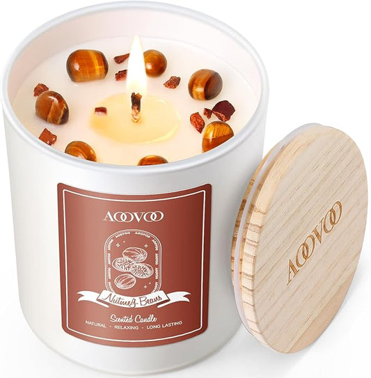 AOOVOO Nutmeg Beans Scented Candles for Women - Aromatherapy Candle with Crystals Inside, 10oz Soy Candles for Home Scented, Birthday Gifts Christmas Candle for Women Mom