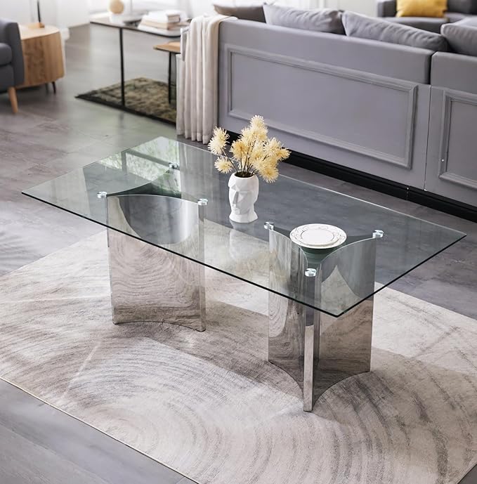Asday 78" Glass Dining Table, Silver Dining Room Table with Double Pedestal Mirrored Stainless Steel Base, Large Modern Rectangular Kitchen Table for 6-8