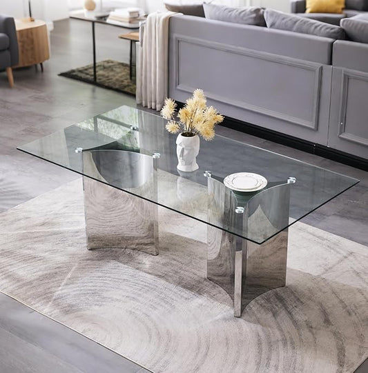 Asday 78" Glass Dining Table, Silver Dining Room Table with Double Pedestal Mirrored Stainless Steel Base, Large Modern Rectangular Kitchen Table for 6-8