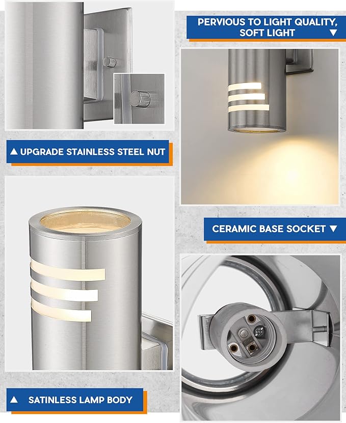 TENGXIN 2 Pack Outdoor Wall Light,Up Down Modern Outdoor Wall Sconce with Stainless Steel Cylinder,Brushed Nickel Exterior Lighting Fixtures