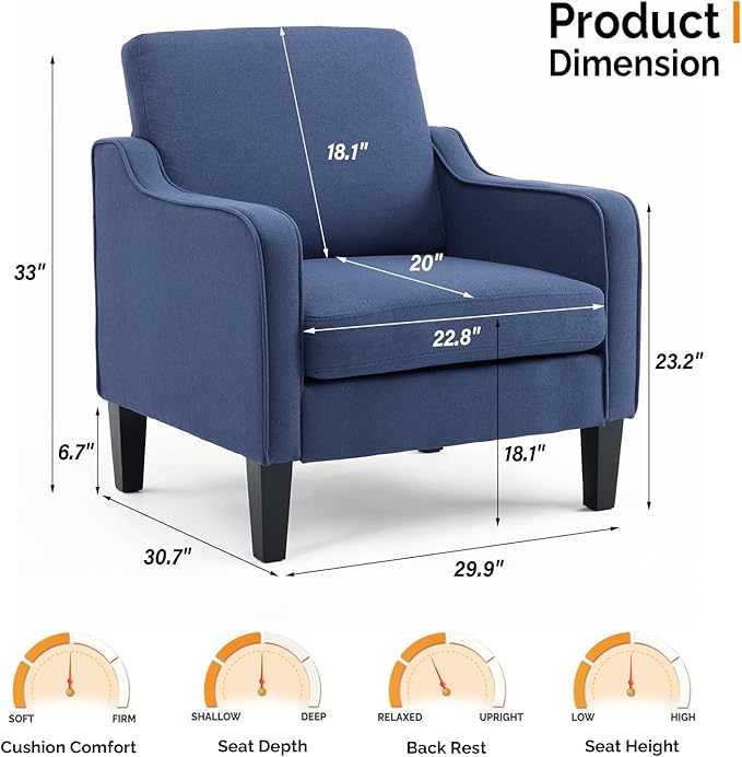 VINGLI Navy Blue Accent Chairs for Living Room, Line Comfy Upholstered Chair Mid Century Modern Armchair for Bedroom, Home Office, Small Spaces, Apartment