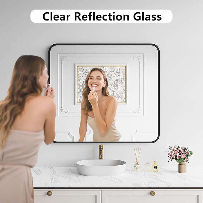 Koonmi Bathroom Mirror, 36X40 Brushed Black Rectangle Wall Mirror, HD Tempered Glass, Anti-Rust Frame Vanity Mirror, Rounded Rectangle Mirror for Restroom, Bedroom, Hangs Horizontal or Vertical