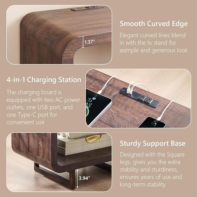 23.6" Modern End Table Set of 2, 2 Tier Side Table with Charging Station, Simple Bedside Table with Open Storage Shelf, Outlet, Wooden Nightstand for Bedroom, Living Room, Study, Brown