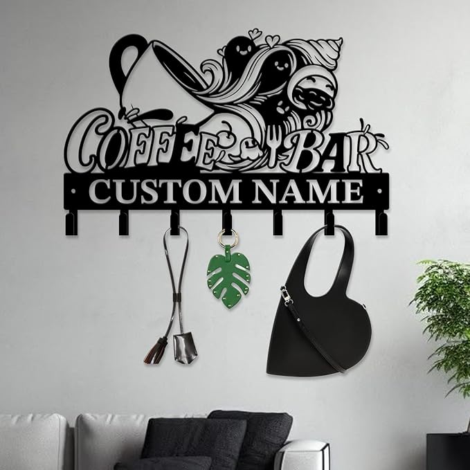 Coffee Bar Keys Holder - Metal Iron Wall Hooks with Custom Name | Personalized Home Decor & Gift Idea | Coffee-Themed Text Engraving Design (Style D)