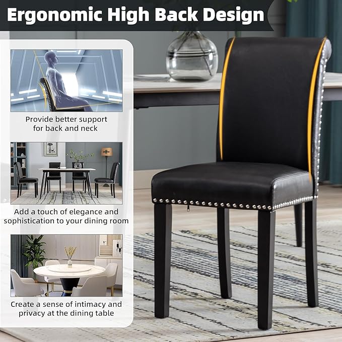 Westice Dining Room Chairs Set of 8 Upholstered PU Leather Kitchen Chairs Dining Room Side Chair with Nailhead Trim and Rubber Wood Legs for Small Space Apartment, Black