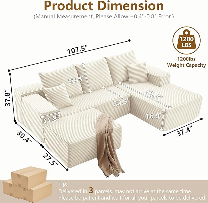 107" U-Shape Cloud Couch, Modern Modular Sectional Comfy L-Shape Sofa with Ottoman, Deep Seat, Upholstered Corduroy Sleeper Chaise Longue for Living Room Bedroom, No Assembly Required, White