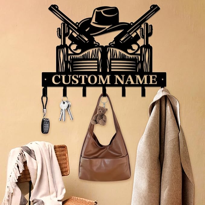 Personalized Custom Name West Cowboy Keys Hooks,Metal Cowboy Art Clothes Keys Hooks,Metal Cowboy Lover Wall Home Storage Decorative Keys Hooks,Key Holder Hooks for Wall (Style D)