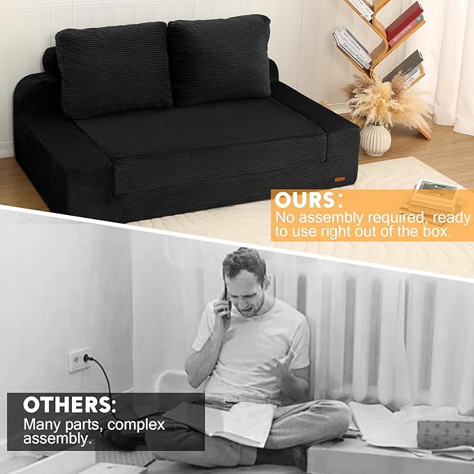 COMAX Convertible Sofa Bed Queen, Folding Floor Couch Corduroy Fold Out Couch Bed Sleeper Mattress with Back Pillows, Boneless Pull Out Loveseat Comfy Futon Lounge for Living Room Bedroom, Black