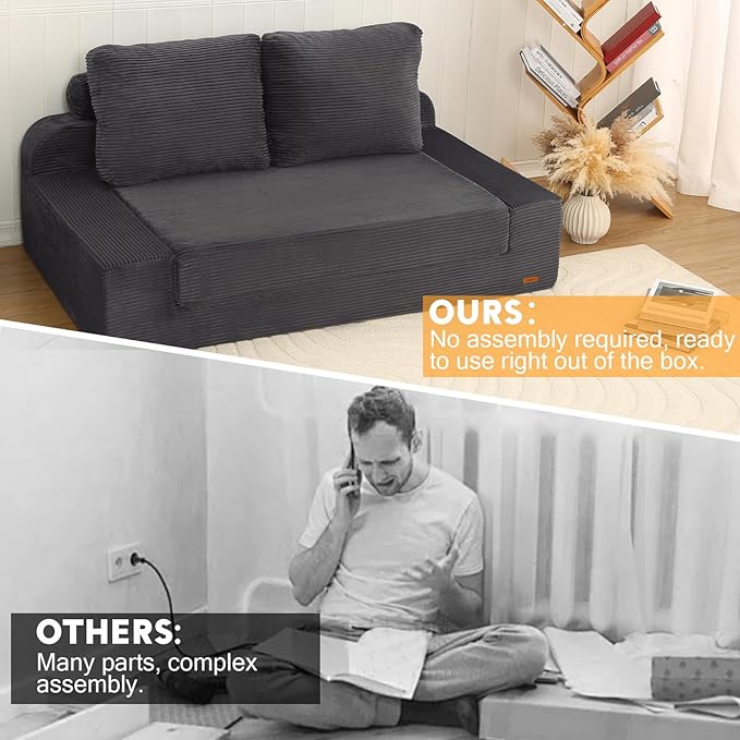 COMAX Convertible Sofa Bed Queen, Folding Floor Couch Corduroy Fold Out Couch Bed Sleeper Mattress with Back Pillows, Boneless Pull Out Loveseat Comfy Futon Lounge for Living Room Bedroom, Grey