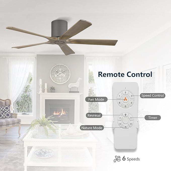 ELEHINSER 52 inch Low Profile Ceiling Fan without Light, 5 Solid Wood Blades, 6-Speed, Quiet DC Motor, Timer, Flush Mount Modern Ceiling Fan No Light with Remote for Living Room Bedroom, Charcoal Grey